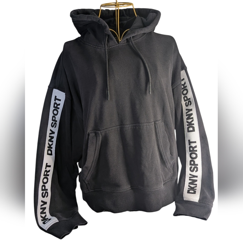 DKNY Sport Logo Tape Pullover Hoodie - Black - 60% Cotton - Size Medium